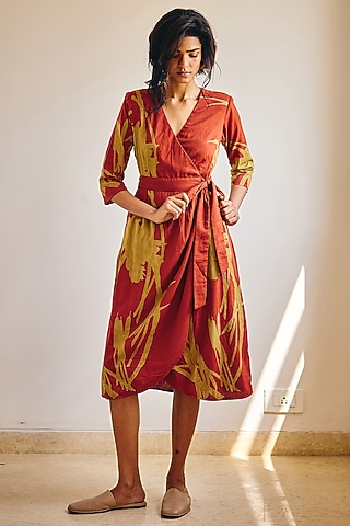 Brick Red Cotton Mul Floral Printed Wrap Dress by Khara Kapas