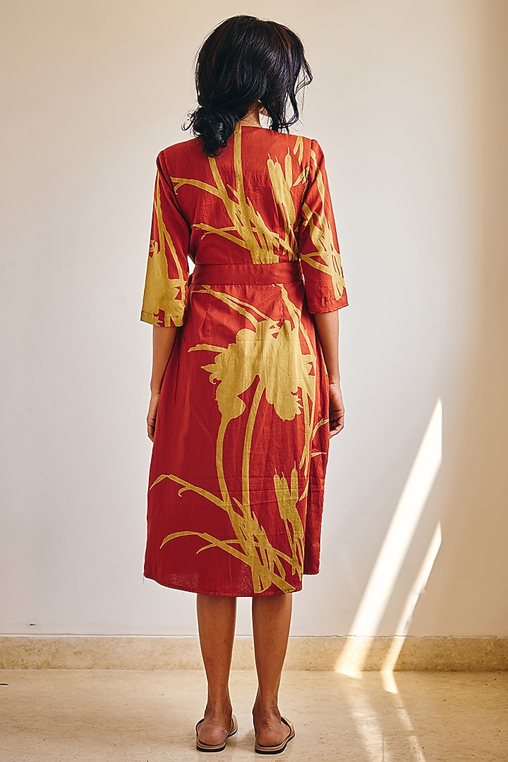 Brick Red Cotton Mul Floral Printed Wrap Summer Dress by Khara Kapas at Pernia's Pop Up Shop