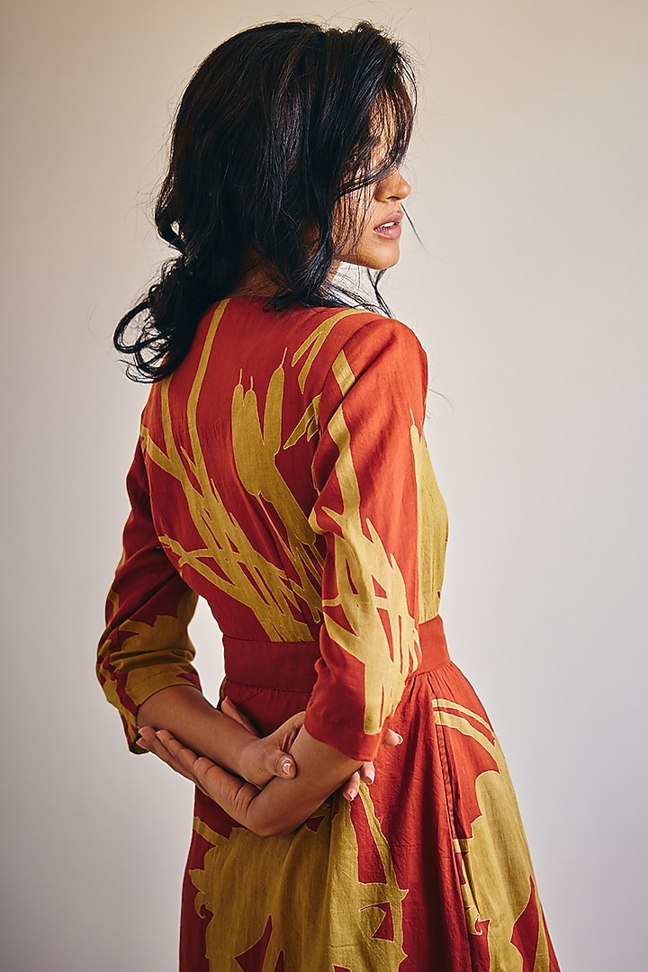 Brick Red Cotton Mul Floral Printed Wrap Summer Dress by Khara Kapas at Pernia's Pop Up Shop
