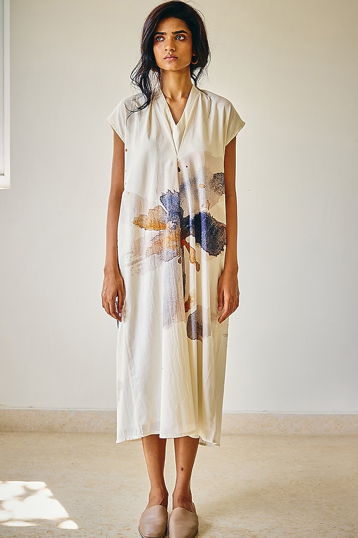 Off-White Cotton Mul Printed Summer Dress by Khara Kapas at Pernia's Pop Up Shop