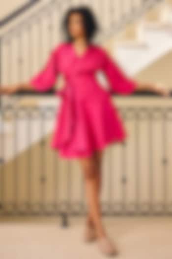 Hot Pink Poplin Embroidered Wrap Summer Dress by Khara Kapas at Pernia's Pop Up Shop