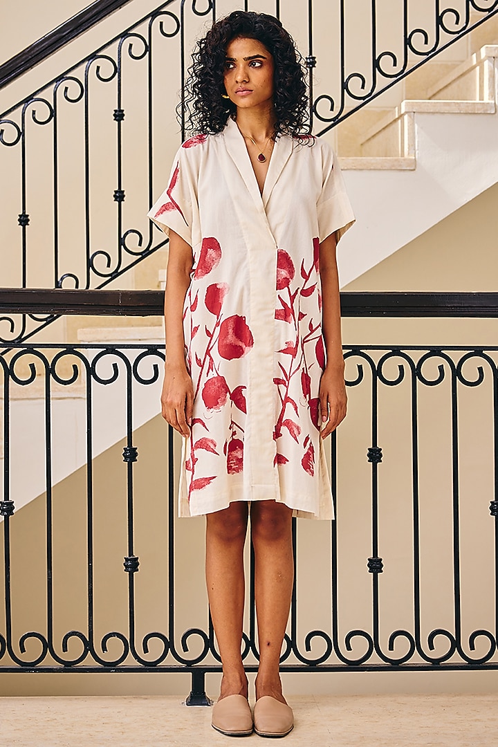 Off-White Poplin Embroidered Floral Dress by Khara Kapas at Pernia's Pop Up Shop