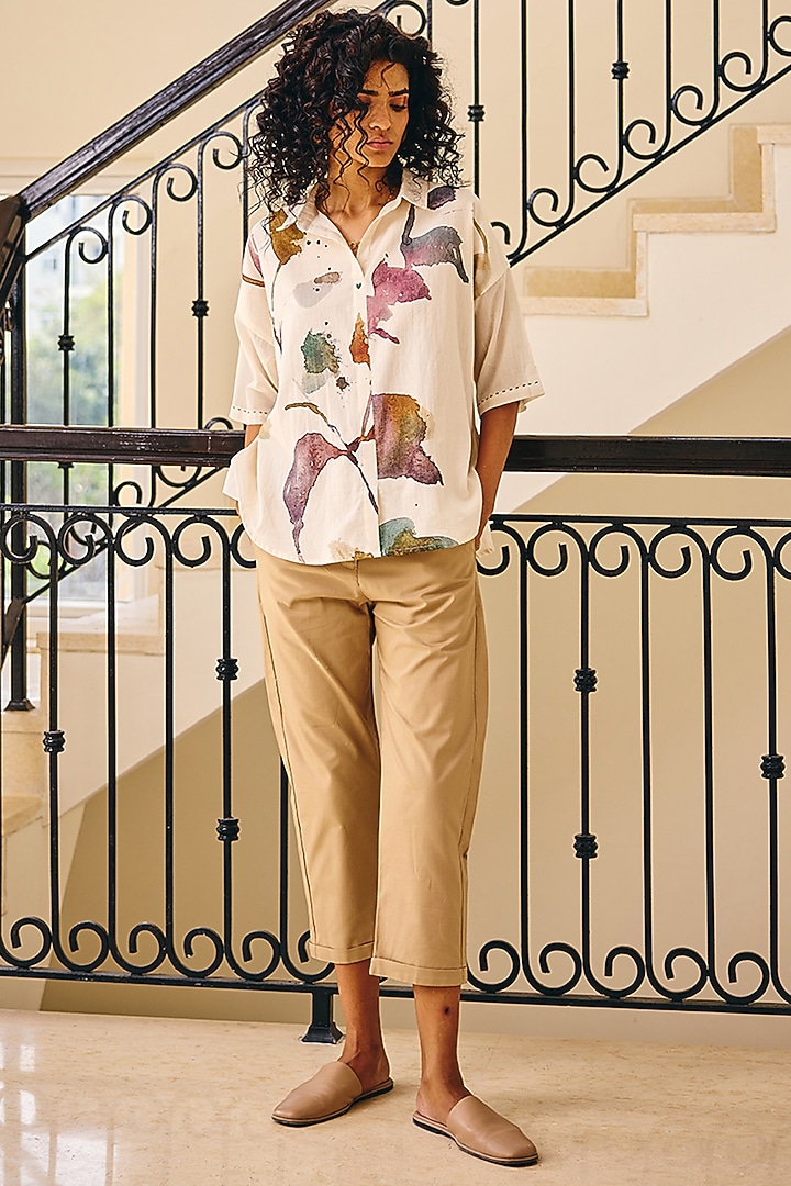 Off-White Soft Cotton Mul Floral Printed Shirt by Khara Kapas at Pernia's Pop Up Shop