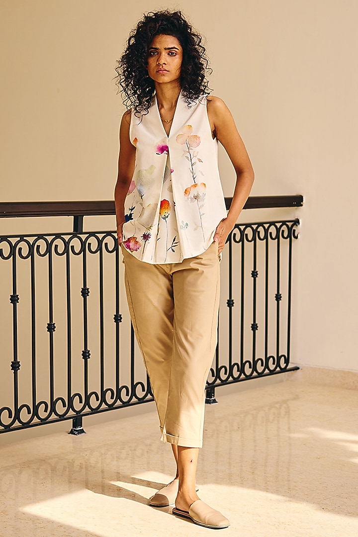 Off-White Soft Cotton Mul Floral Printed Shirt by Khara Kapas at Pernia's Pop Up Shop