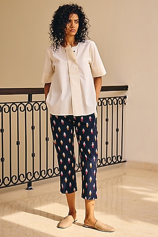 Deep Blue Linen Ikat Pencil Pants by Khara Kapas