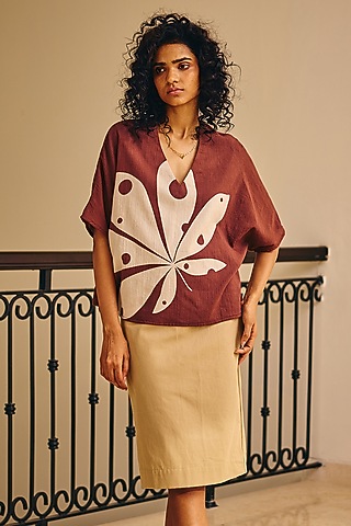 Brown Soft Crinkled Cotton Floral Printed Top by Khara Kapas