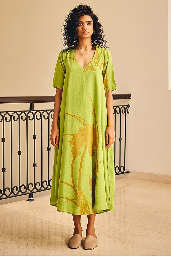 Lime Green Soft Cotton Floral Maxi Summer Dress by Khara Kapas at Pernia's Pop Up Shop