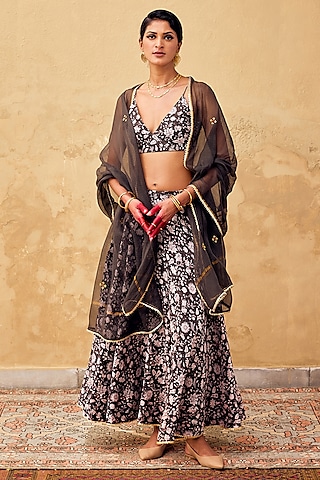 Charcoal Chanderi Block Printed Lehenga Set by Khara Kapas