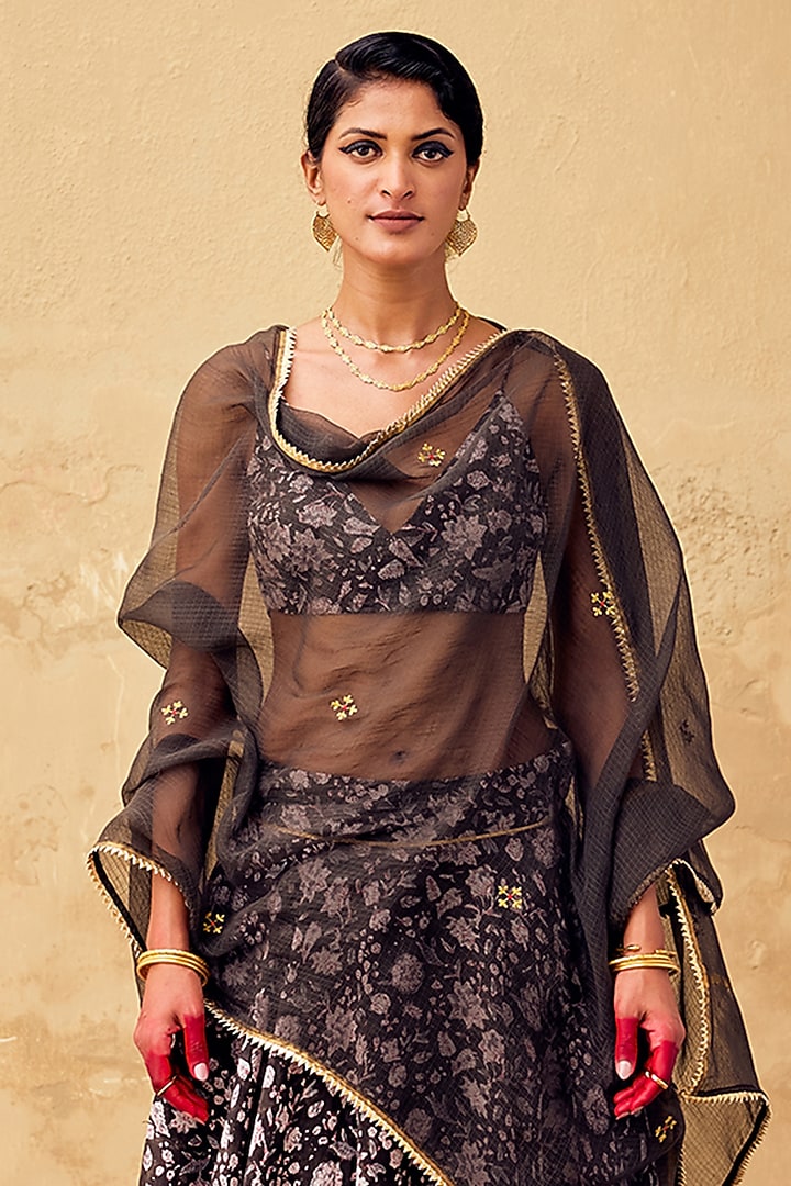 Charcoal Chanderi Block Printed Lehenga Set by Khara Kapas at Pernia's Pop Up Shop