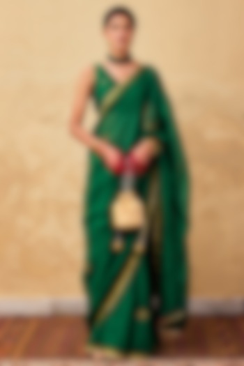 Rich Green Silk Gota Lace Embroidered Party Wear Saree Set by Khara Kapas at Pernia's Pop Up Shop