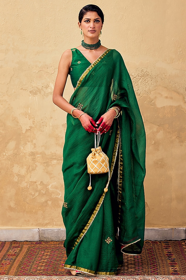 Rich Green Silk Gota Lace Embroidered Party Wear Saree Set by Khara Kapas at Pernia's Pop Up Shop