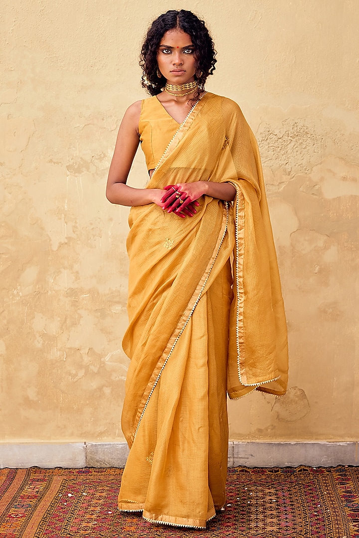 Mustard Yellow Silk Gota Embroidered Saree Set by Khara Kapas at Pernia's Pop Up Shop