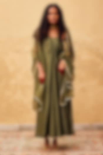 Sap Green Chanderi Slip Vacation Dress With Dupatta by Khara Kapas at Pernia's Pop Up Shop