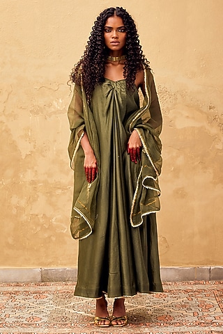 Sap Green Chanderi Slip Dress With Dupatta by Khara Kapas