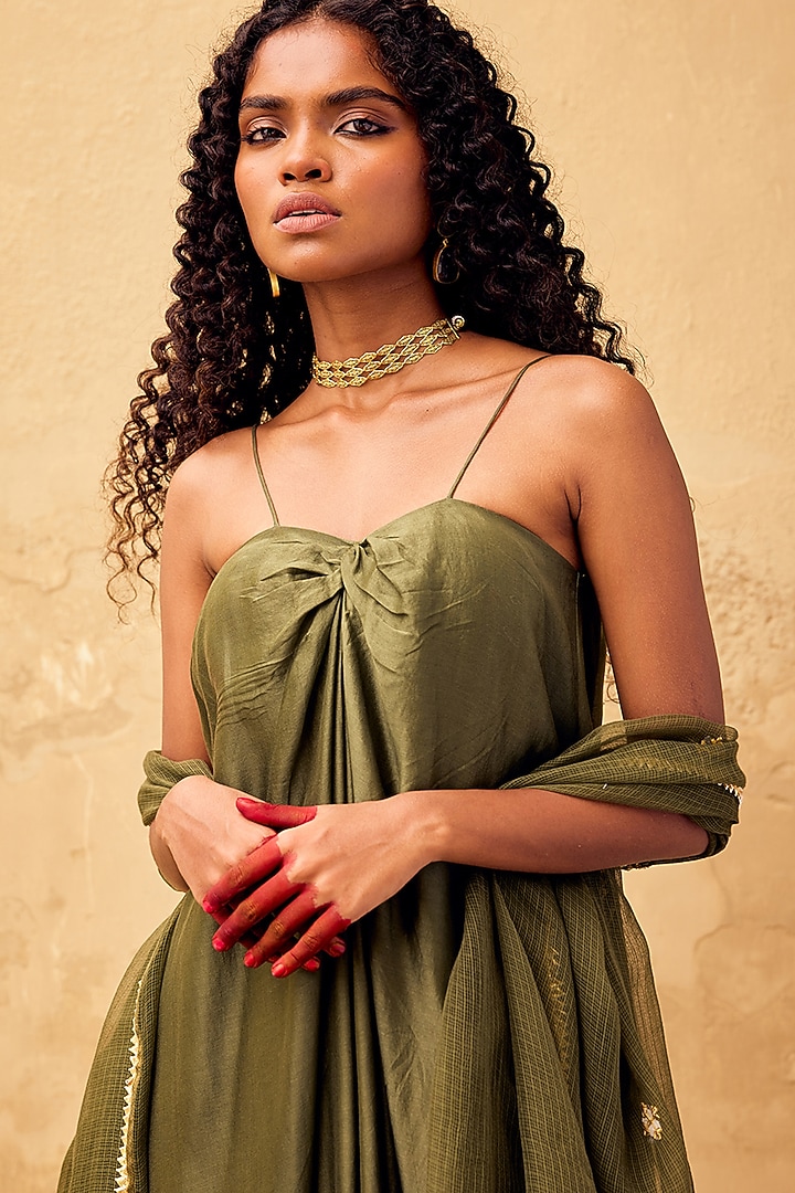 Sap Green Chanderi Slip Vacation Dress With Dupatta by Khara Kapas at Pernia's Pop Up Shop