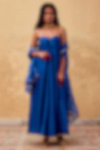 Blue Chanderi Slip Vacation Dress With Dupatta by Khara Kapas at Pernia's Pop Up Shop