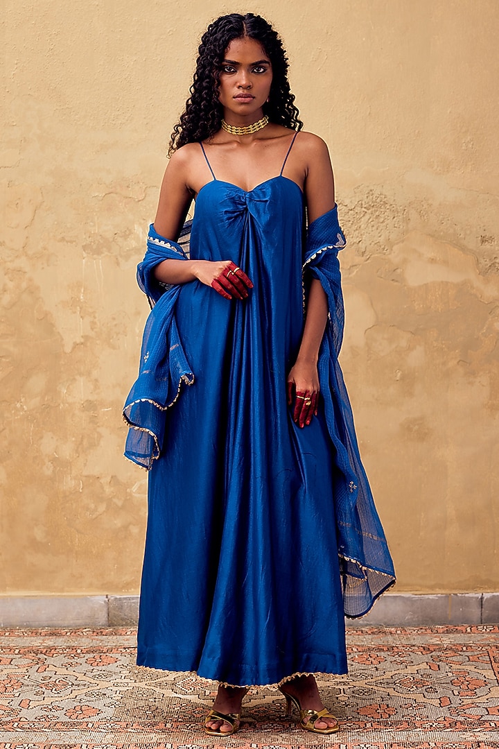 Blue Chanderi Slip Vacation Dress With Dupatta by Khara Kapas at Pernia's Pop Up Shop