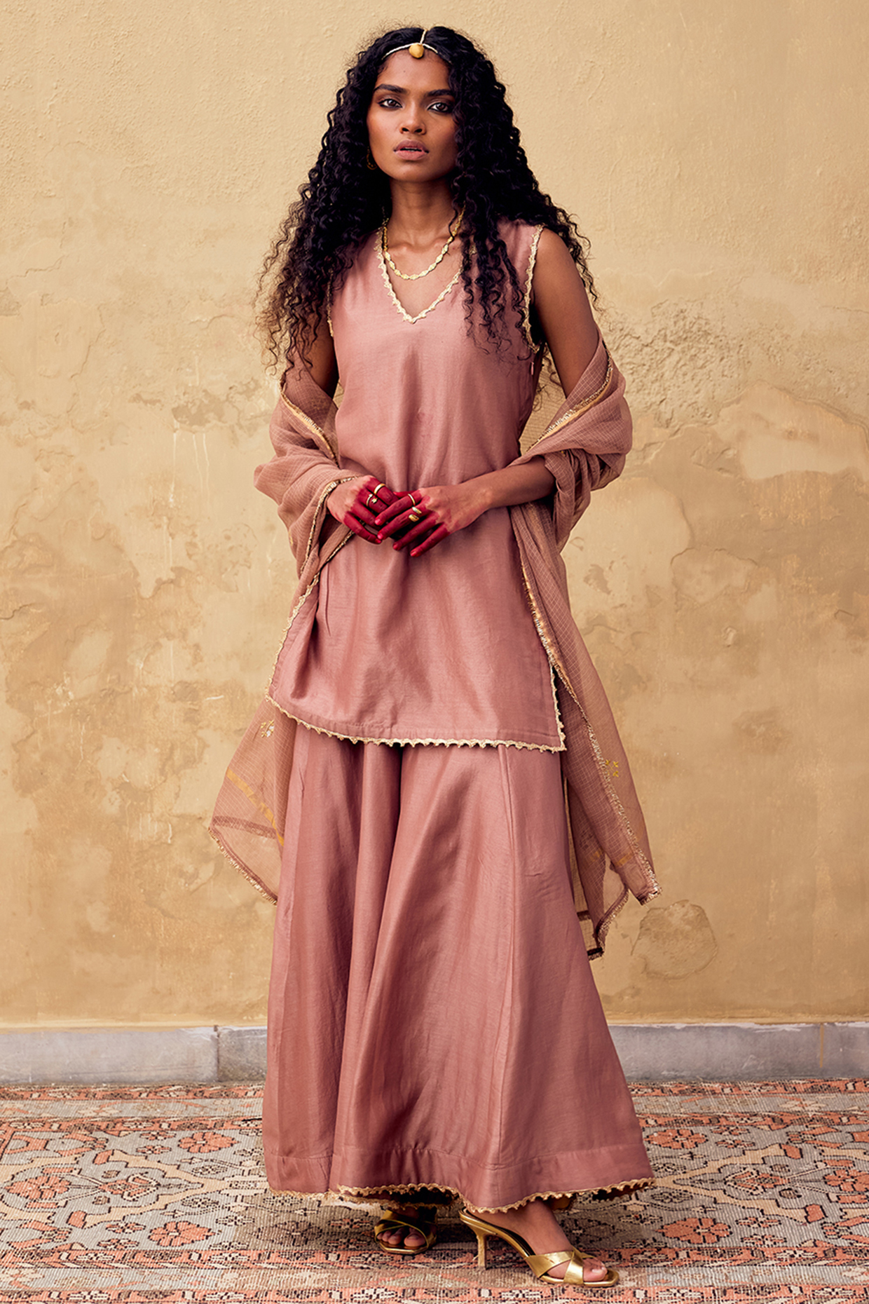 Rose Mauve Chanderi Party Wear Sharara Set by Khara Kapas at Pernia's Pop Up Shop