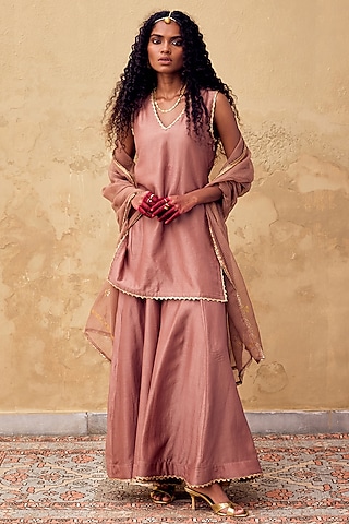 Rose Mauve Chanderi Sharara Set by Khara Kapas