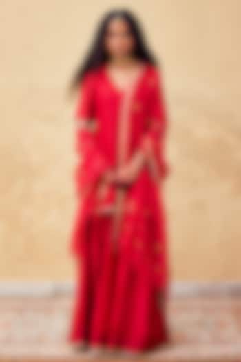Bright Red Chanderi Party Wear Sharara Set by Khara Kapas at Pernia's Pop Up Shop
