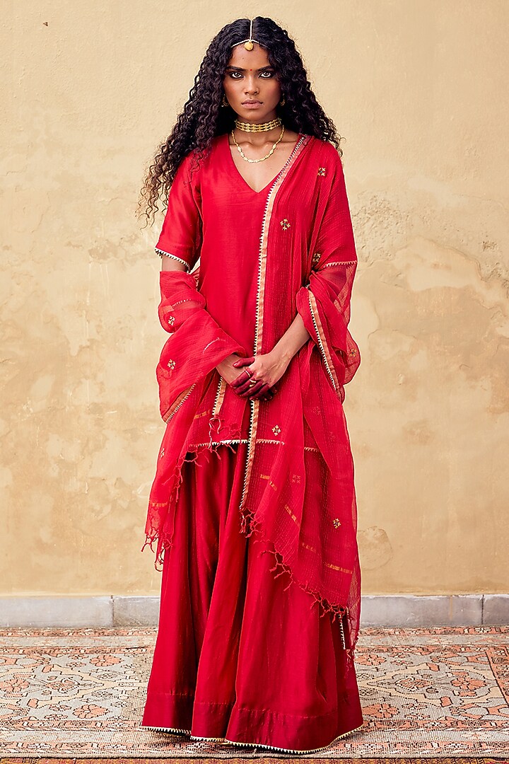 Bright Red Chanderi Party Wear Sharara Set by Khara Kapas at Pernia's Pop Up Shop