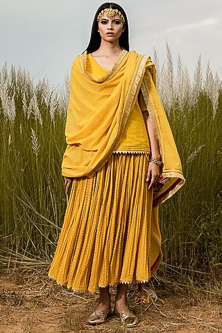 Mustard Gharara Set With Gota Detailing by Khara Kapas