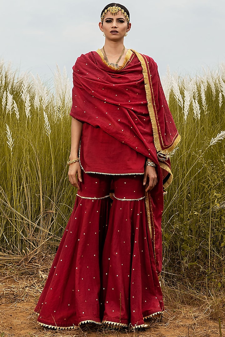 Scarlet Red Sharara Set With Gota Detailing by Khara Kapas