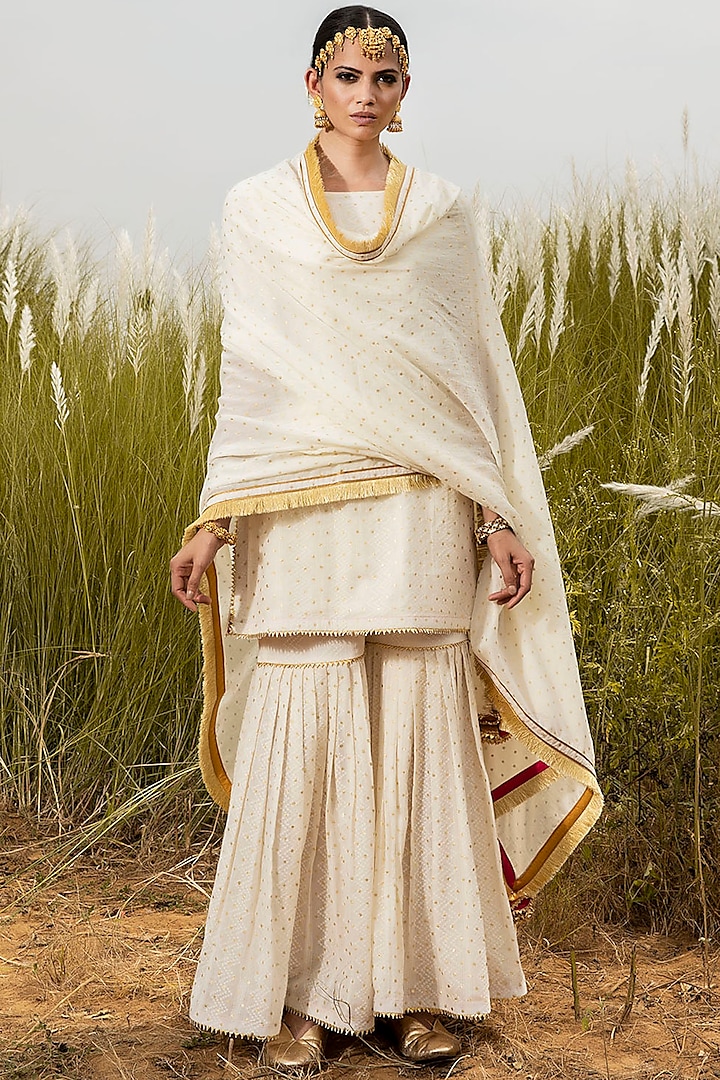 Ivory Sharara Set With Gold Foil Detailing by Khara Kapas