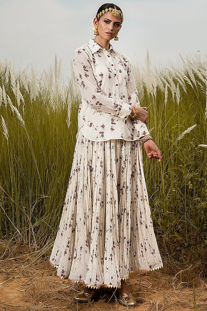 Ivory Floral Skirt Set by Khara Kapas