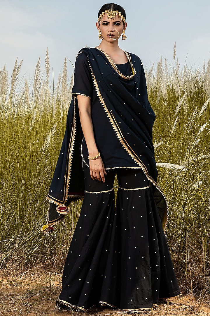 Black Party Wear Sharara Set With Gota Detailing by Khara Kapas at Pernia's Pop Up Shop