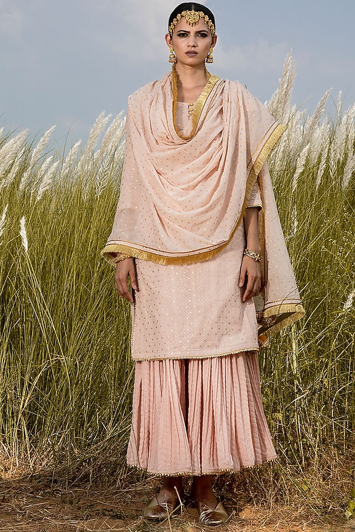 Blush Pink Gold Foil Sharara Set by Khara Kapas