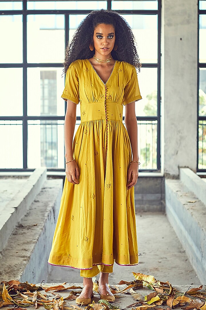 Mustard Lime Embroidered Tunic Set by Khara Kapas at Pernia's Pop Up Shop