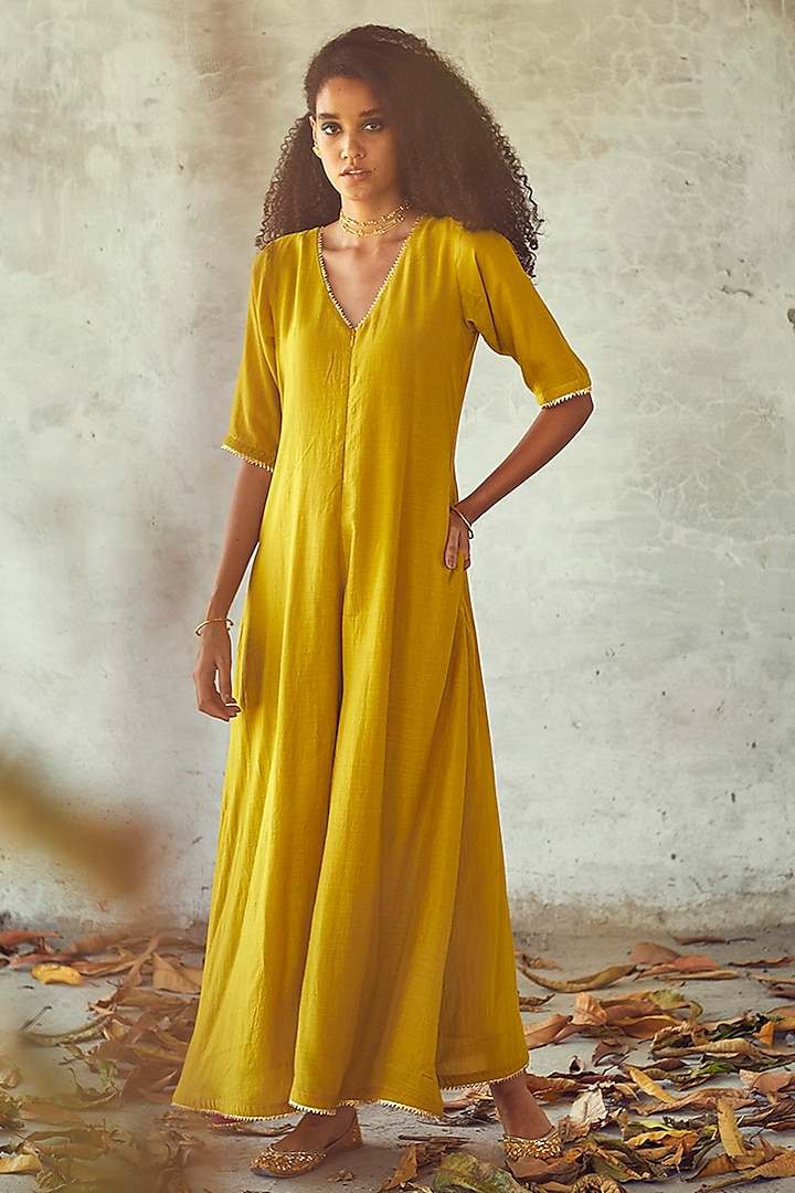 Mustard Lime Cotton Silk Jumpsuit by Khara Kapas