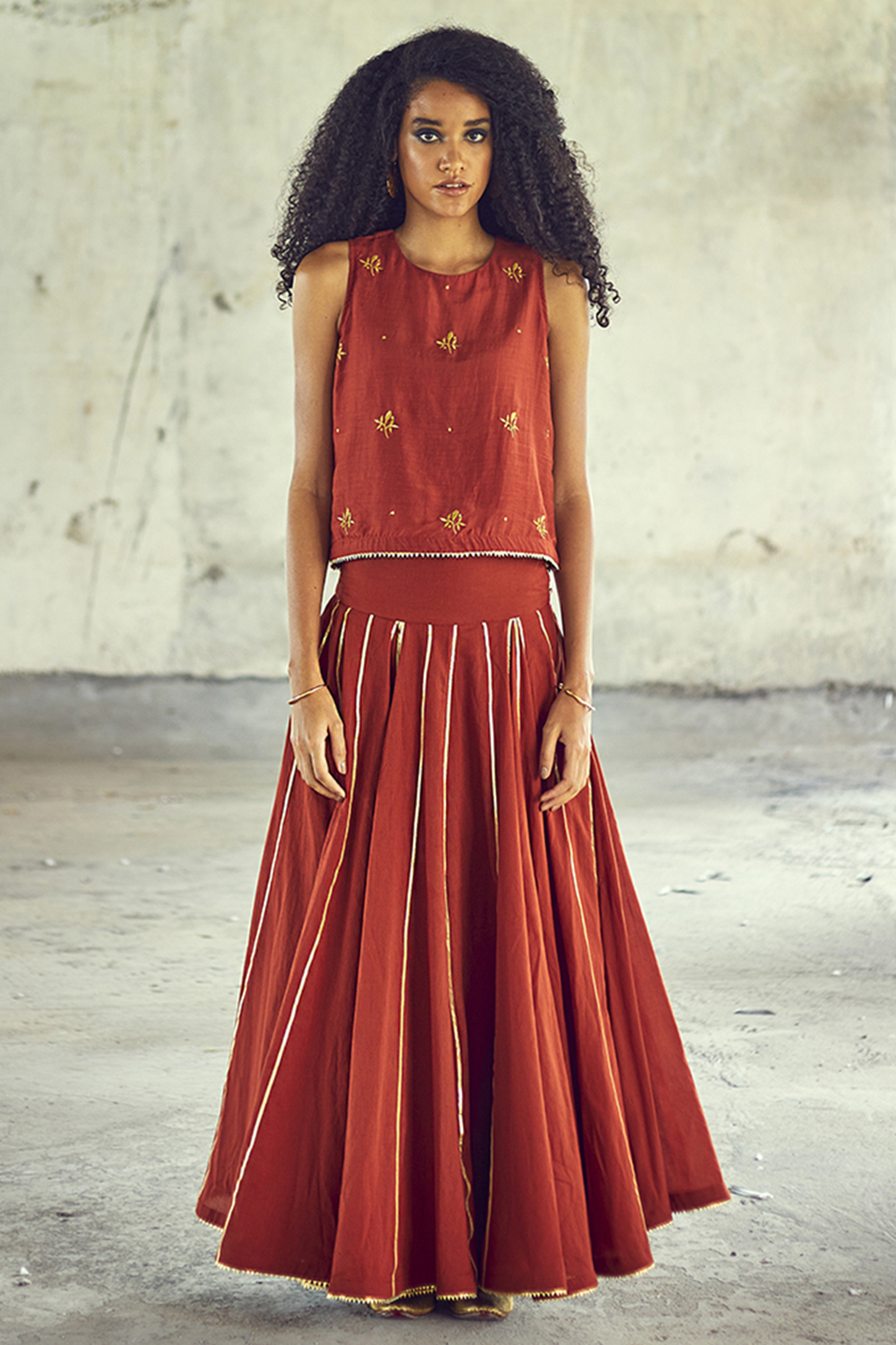 Red embroidered skirt set best sale