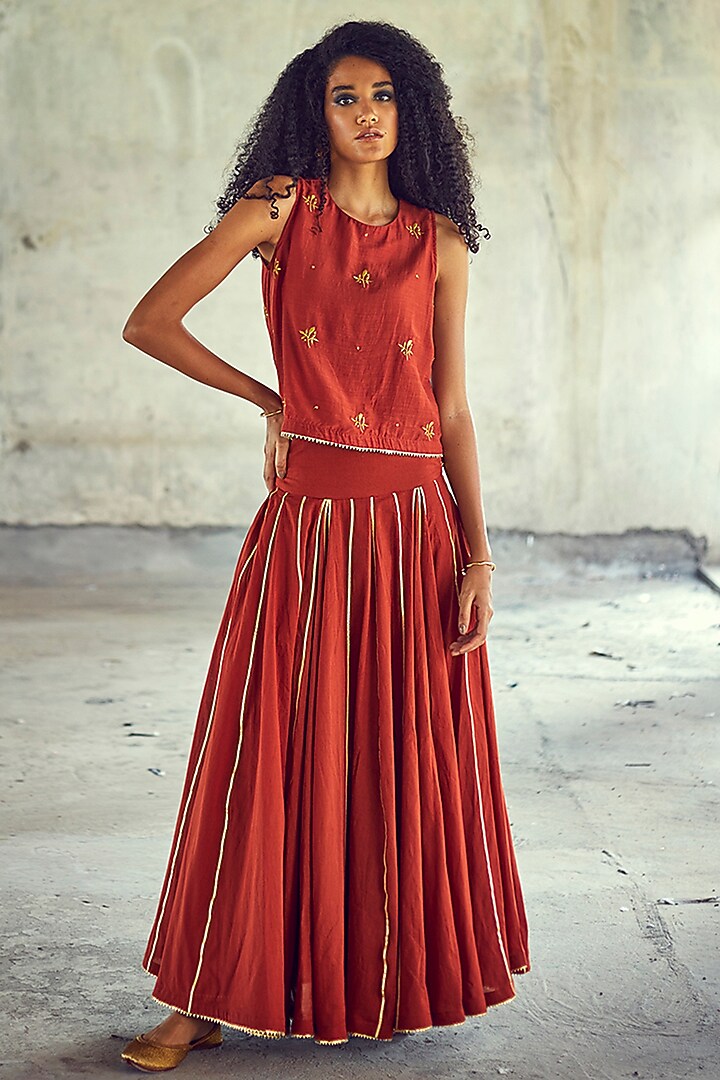 Red Embroidered Skirt Set by Khara Kapas at Pernia's Pop Up Shop