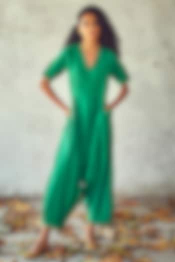 Green Cotton Silk Jumpsuit by Khara Kapas