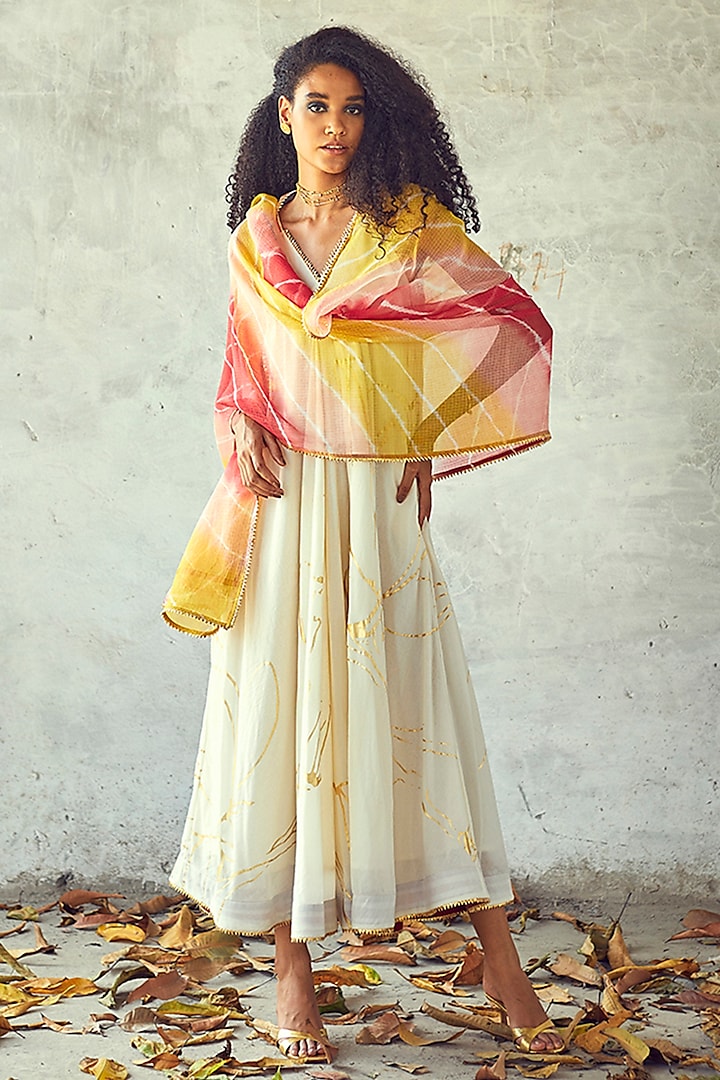 White Cotton Gown With Dupatta by Khara Kapas