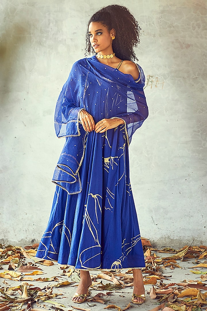 Blue Printed Gown With Dupatta by Khara Kapas