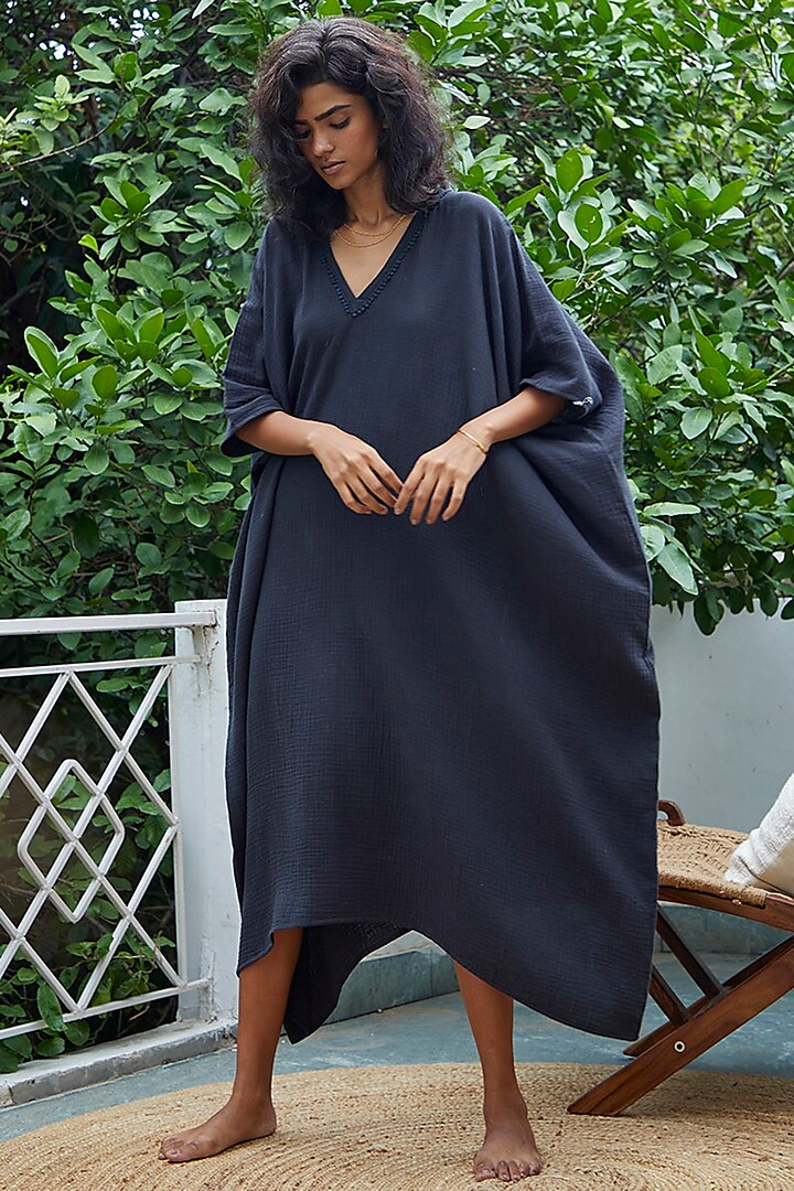 Charcoal Embellished Kaftan by Khara Kapas at Pernia's Pop Up Shop