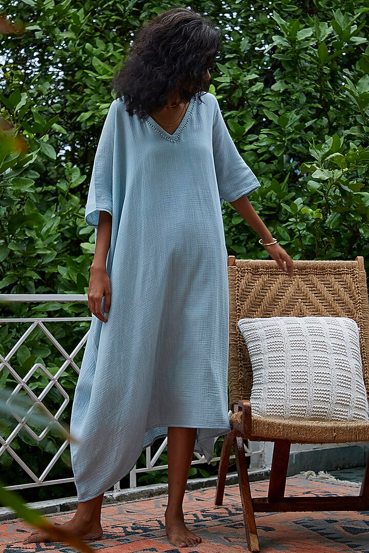 Pebble Blue Embellished Kaftan by Khara Kapas at Pernia's Pop Up Shop