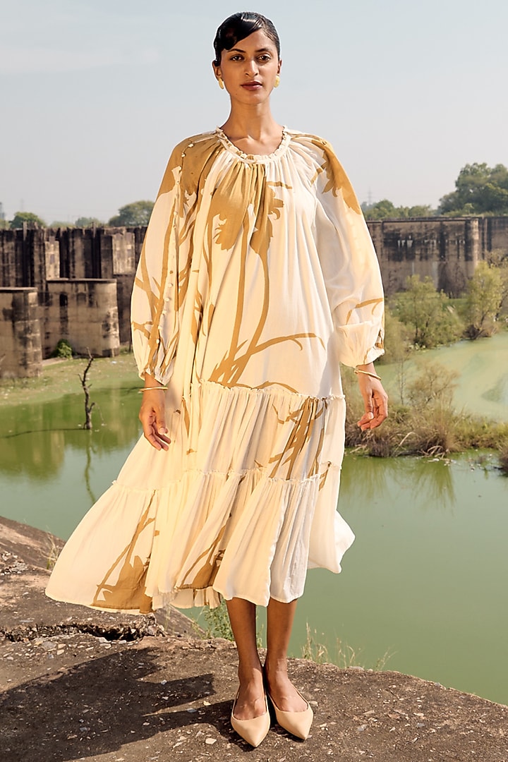 Off-White Mul Printed Gathered Summer Dress by Khara Kapas at Pernia's Pop Up Shop