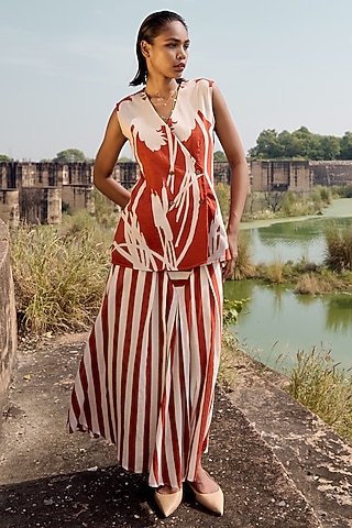 Brick Red & Off-White Striped Skirt Set by Khara Kapas