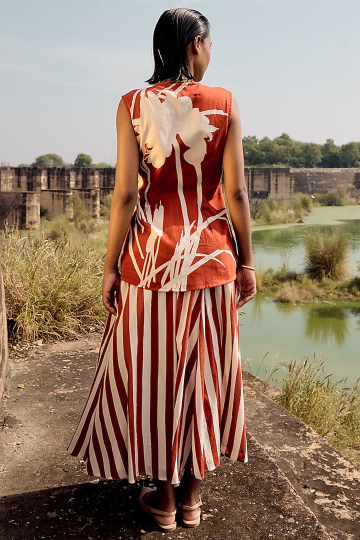 Brick Red & Off-White Striped Skirt Set by Khara Kapas at Pernia's Pop Up Shop