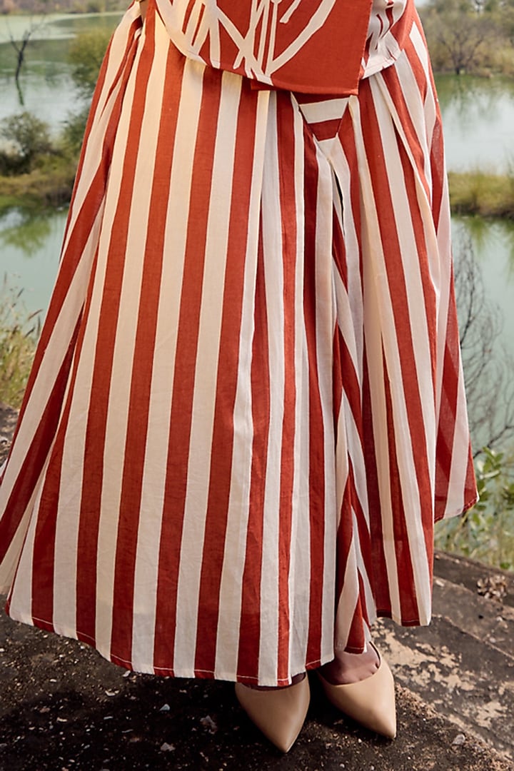 Brick Red & Off-White Striped Skirt Set by Khara Kapas at Pernia's Pop Up Shop