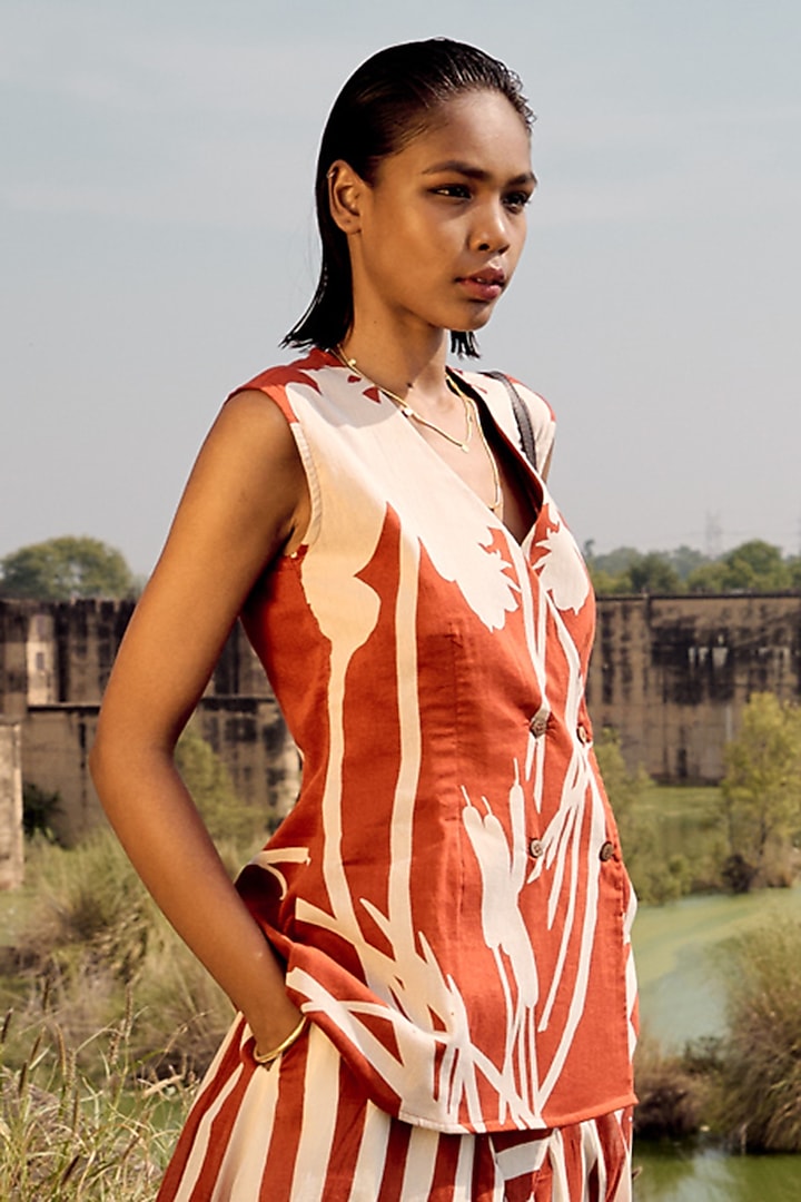Brick Red & Off-White Striped Skirt Set by Khara Kapas at Pernia's Pop Up Shop