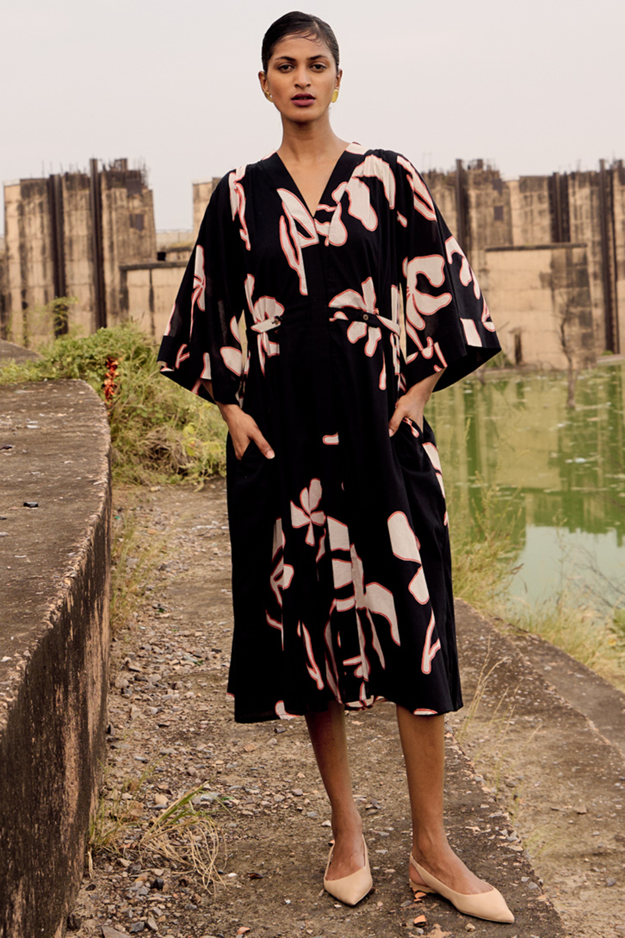 Black Mul Lino Printed Dress by Khara Kapas at Pernia's Pop Up Shop