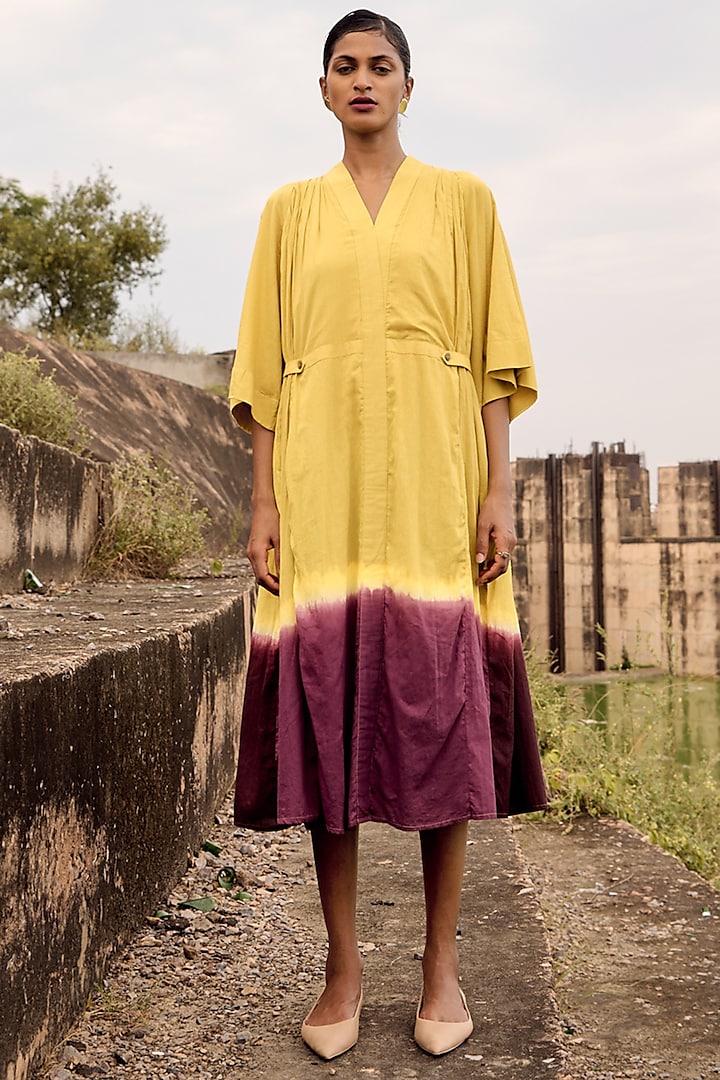 Lime Yellow Mul Dip-Dyed Dress by Khara Kapas at Pernia's Pop Up Shop