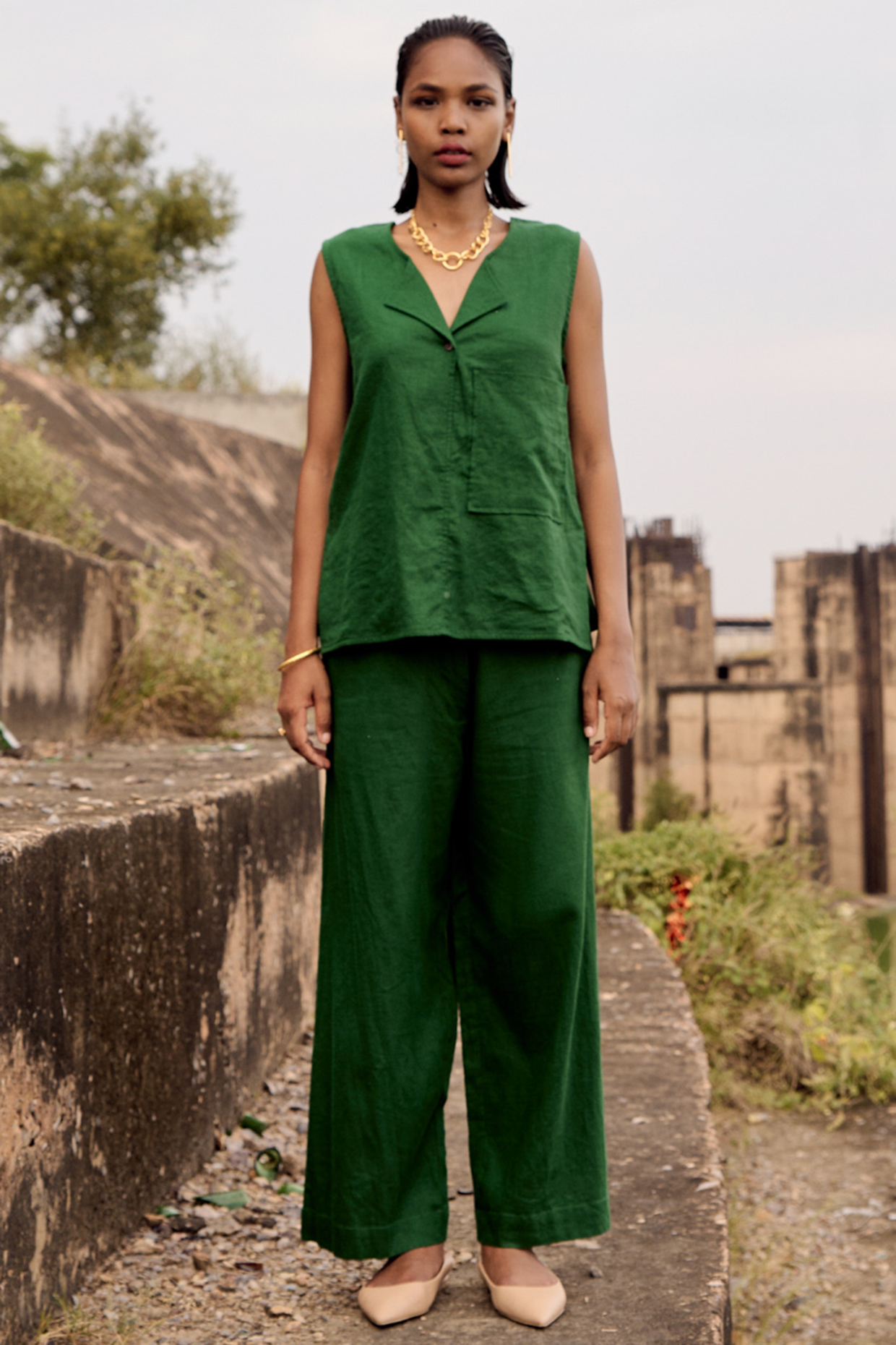 Forest Green Linen Co-Ord Set by Khara Kapas at Pernia's Pop Up Shop