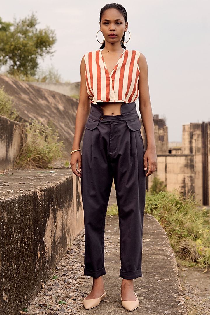 Brick Red & Off-White Mul Printed Crop Top by Khara Kapas at Pernia's Pop Up Shop