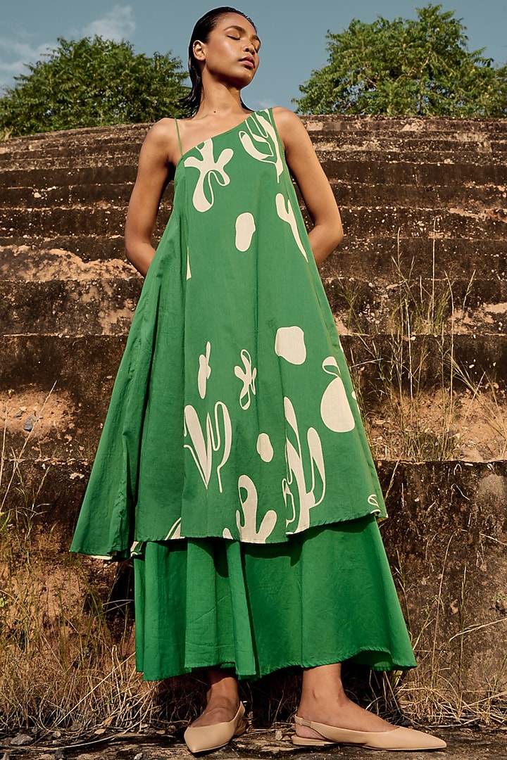 Forest Green Mul Lino Printed Summer Dress by Khara Kapas at Pernia's Pop Up Shop